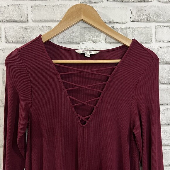 American Eagle Soft & Sexy Long Sleeve Burgundy‎ Ribbed Swing Mini Dress Size M - Picture 4 of 10